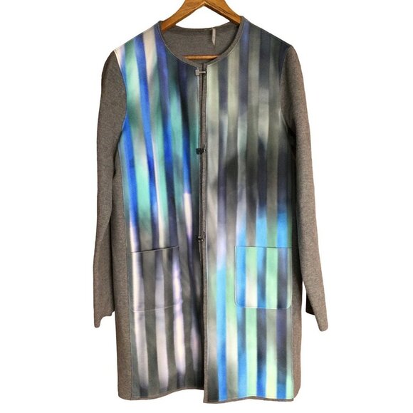 Elie Tahari Melody Reversible Wool Blend Jacket Crew Neckline Gray Blue Large - Picture 6 of 12